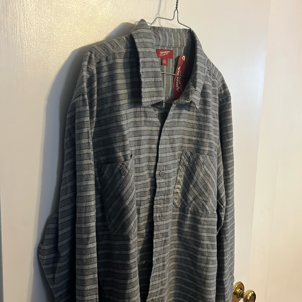 Men’s new shirt XXL grey with tiny blue stripe button up the front long sleeve